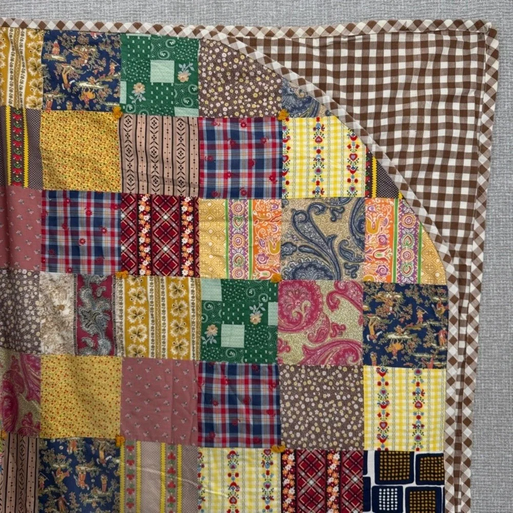 Vintage Patchwork Quilt Blanket Twin Size Multicolor Floral Plaid Gingham Boho